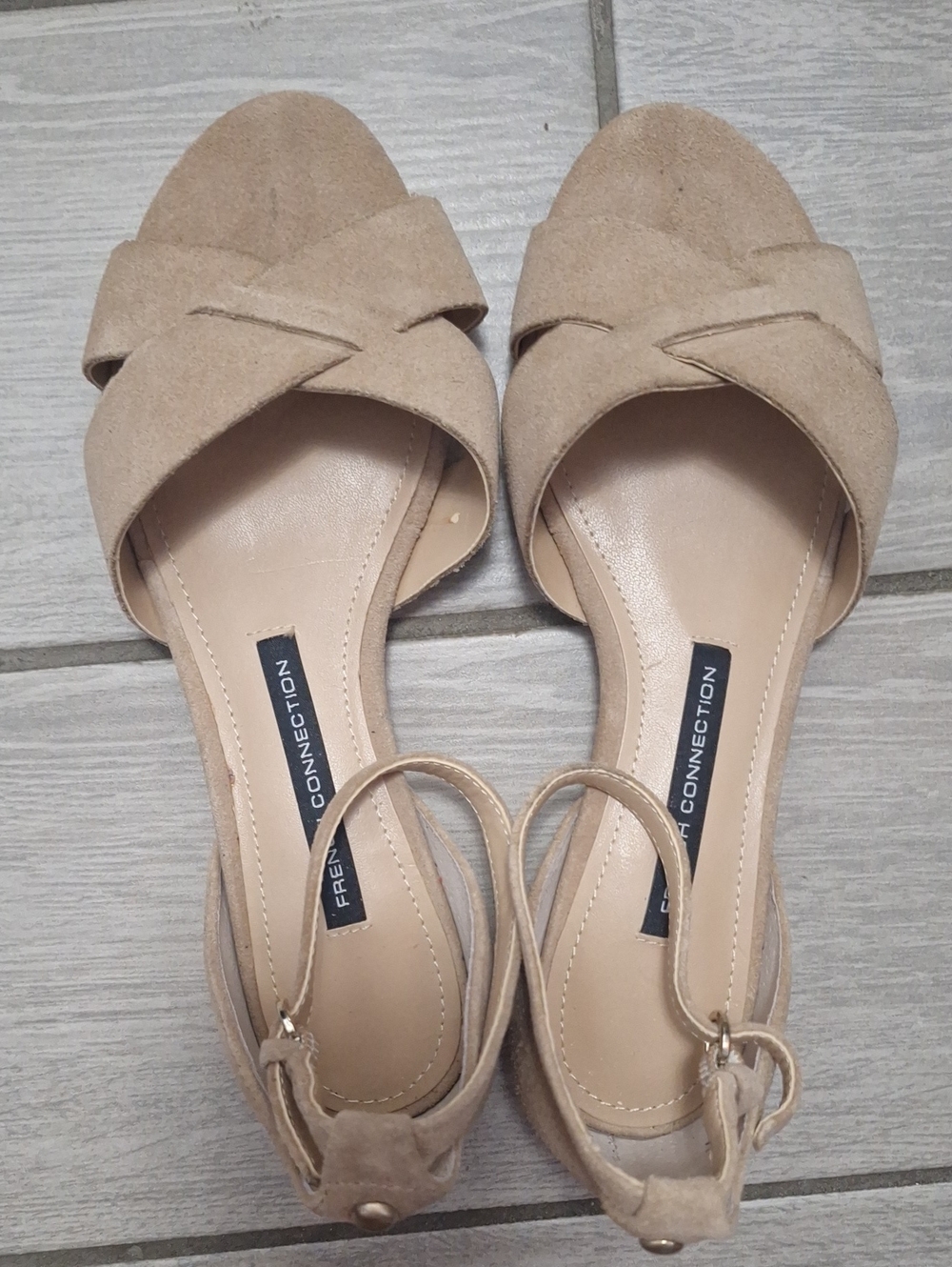 French Connection Taupe Crisscross Suede Ankle Strap Sandals